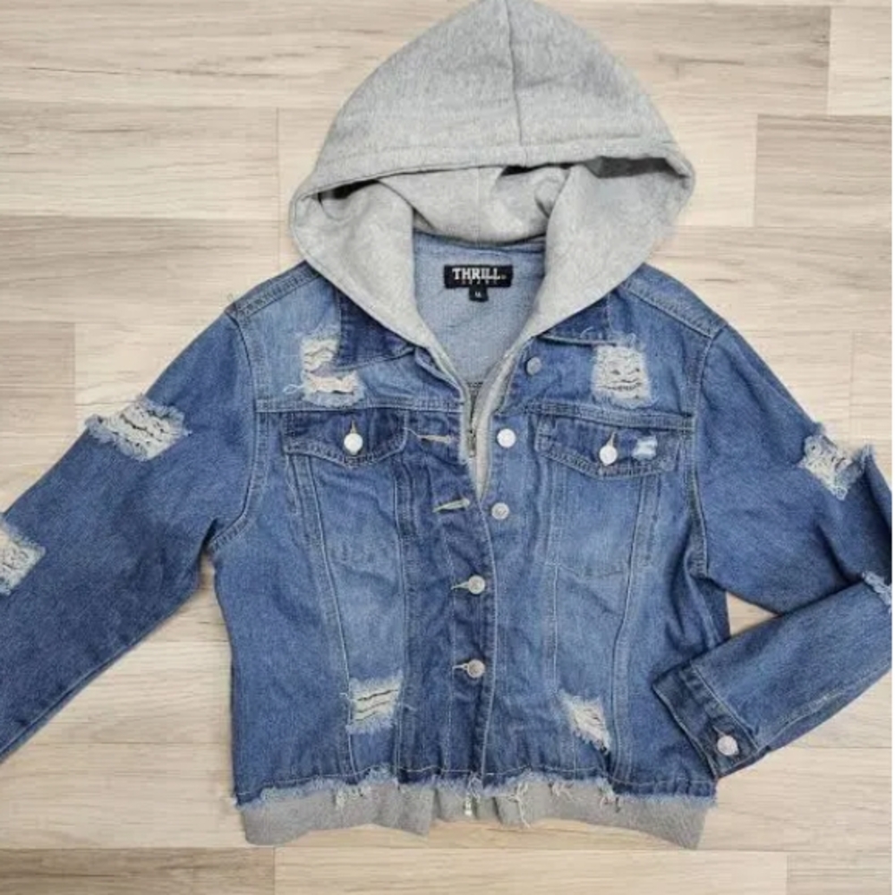Thrill Blue Denim Jacket with Gray Hoodie